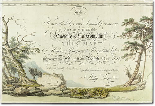 Carte de Philip Turnor « To the Honourable the  Governor, Deputy Governor, And Committee of the Hudson's Bay Company This Map Of Hudson's Bay and the Rivers and Lakes Between the Atlantick and Pacifick  Oceans Is most humbly Inscribed By Their most obedient & dutiful Servant, Philip Turnor »